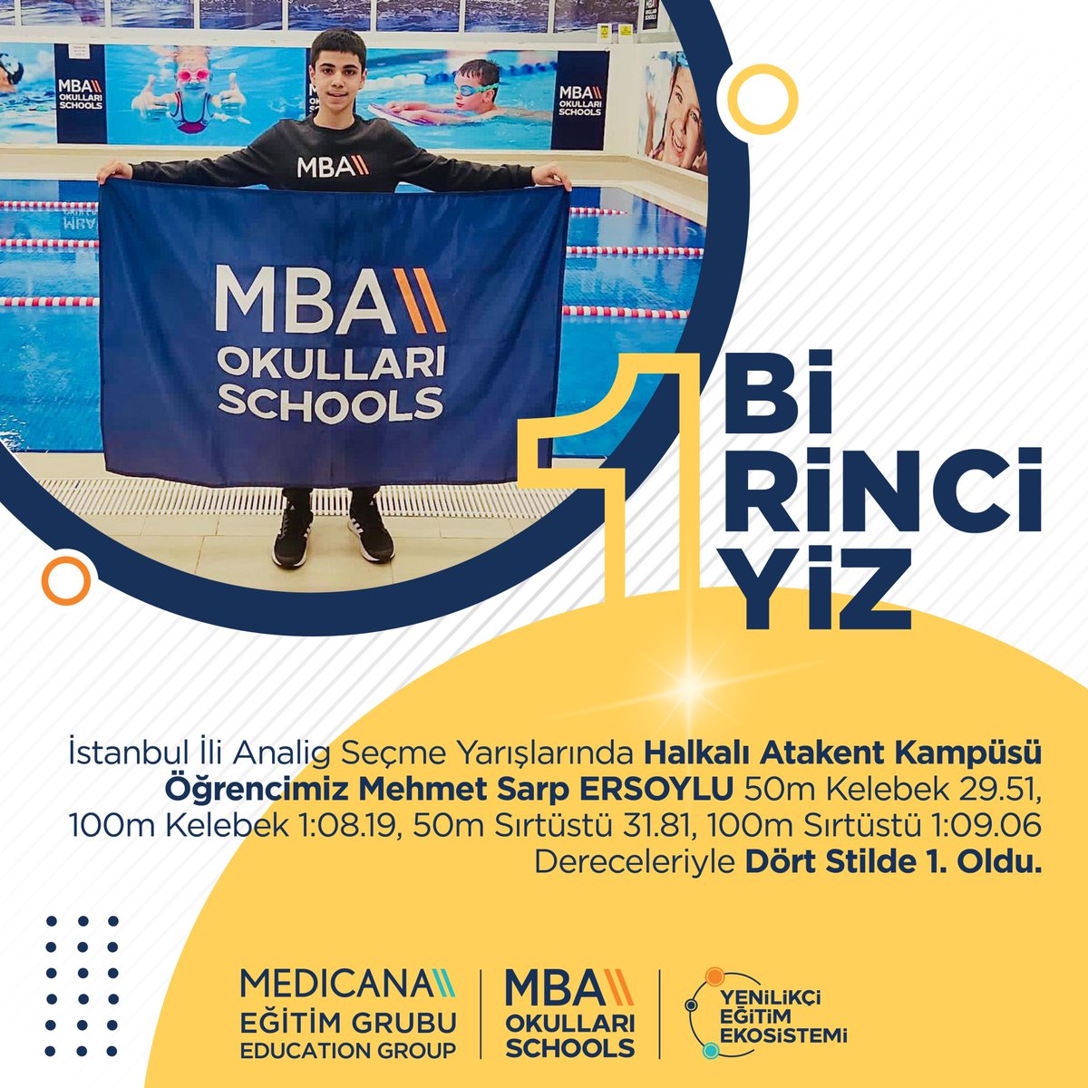 mbaokullari's tweet photo. İstanbul İli Analig Seçme Yarışlarında Halkalı Atakent Kampüsü Öğrencimiz Mehmet Sarp ERSOYLU, 50m Kelebek 29.51, 100m Kelebek 1:08.19, 50m Sırtüstü 31.81, 100m Sırtüstü 1:09.06 Dereceleriyle dört stilde 1. oldu. https://t.co/HF10Rdb5z9