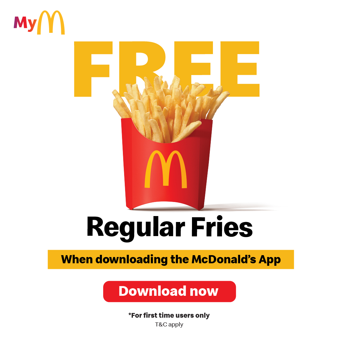 McDonaldsUAE's tweet photo. Download the McDonald's App and get your hands on a Free Chickenburger, Cheeseburger, or Regular Fries!