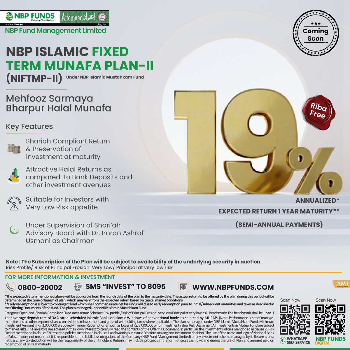 NBP_Funds's tweet image. Get 19%* annualized expected return at 1 year maturity. Introducing NBP Islamic Fixed Term Munafa Plan – II

Mehfooz Sarmaya, Bharpur Munafa!

nbpfunds.com/nbp-islamic-fi…

For details call 0800 20002 or SMS Invest to 8095

#nbpfunds #fixedreturn #savings #investment #fixedprofit