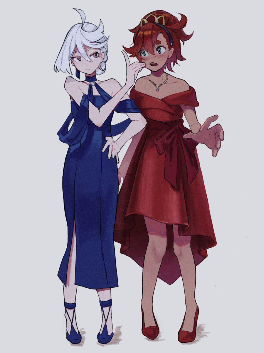 miorine rembran ,suletta mercury multiple girls 2girls dress red dress red hair blue dress red footwear  illustration images