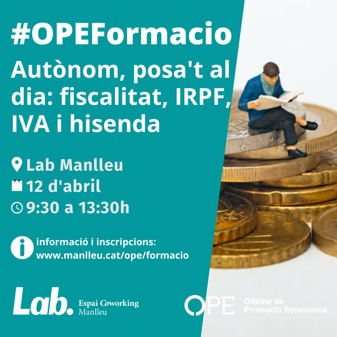 #OPEFormacio
Autònom, autònoma: aquesta és la formació que necessites!!

Despeses deduïbles, retencions d’IRPF, calendari fiscal, IVA i IVA deduïble.
Actualitza’t!! 

Inscriu-te i posa’t al dia!!
🗓️ 12 d’abril
🕘 9.30 a 13.30

+ info i inscripcions: acortar.link/5JIOtG