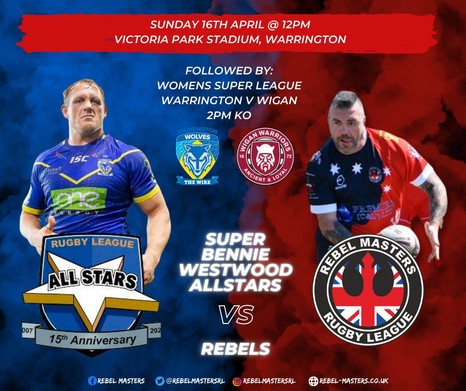 The next game for the Rebels is a big one!!!! Also, it's the curtain raiser for the Women's Super League game between Warrington and Wigan!! 🆚Ben Westwood All Stars 🏆All Stars Rugby League 📅Sunday 16 April 🕛12:00 Kick-Off 📍Victoria Stadium, Warrington WA4 1HN