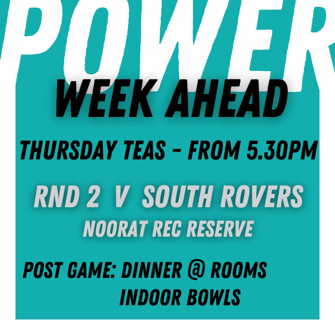 WEEK AHEAD 🏉🏐⚡
After a wet Easter break we are eager to get back into it this week. Trainings and teas resume this Thursday (cannot wait)!
Saturday we welcome <a href="/SouthRoversFNC/">South Rovers</a> 🦁 to the Noorat Rec Reserve for our first home game of the season.
GO POWER ⚡