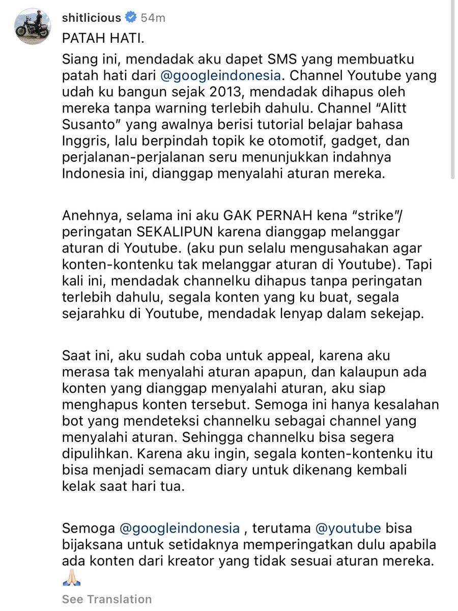 shitlicious's tweet photo. Semoga channel Youtube-ku bisa balik. Karena aku ingin, channel itu menjadi diaryku untuk ditonton lagi kelak di hari tua. 🙏🏻

Ada2 aja, siang2 bikin mental down dan pengin buka puasa jadinya. 🥹 https://t.co/9ydtRs8w40