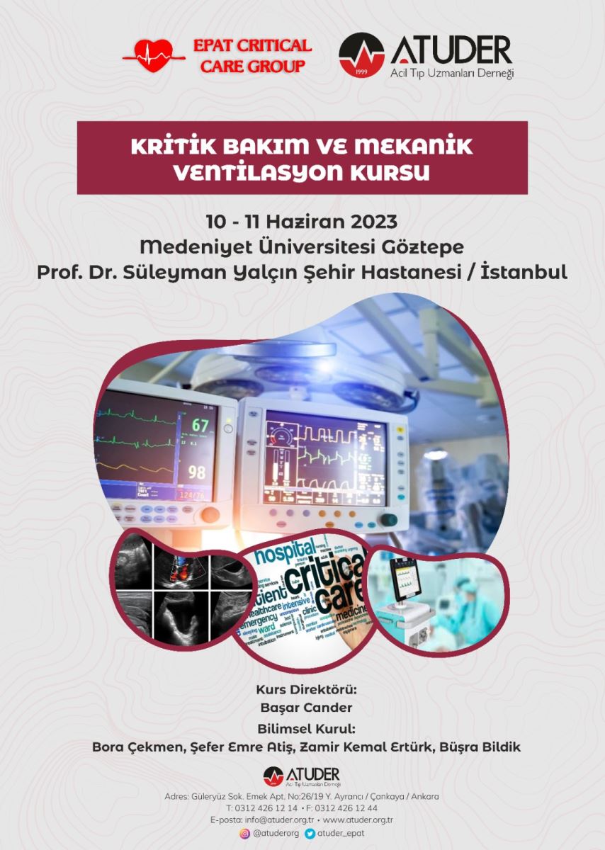 atuder1999's tweet photo. 📢🚨Kritik Bakım ve Mekanik Ventilasyon Kursu
Yer: Medeniyet Üniversitesi Göztepe Prof. Dr. Süleyman Yalçın Şehir Hastanesi İstanbul
Tarih : 10-11 Haziran 2023 #acil #aciltip #atuder #epat #MV #criticalcare @BoraATUokm @atis_emre @mendereshazir https://t.co/9Wlgb2F4H7