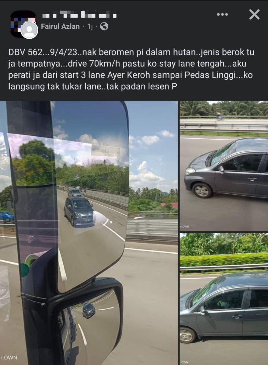mynewshub's tweet photo. DIA SAKIT TU...😁😁

...9/4/23..nak beromen pi dalam hutan..jenis berok tu ja tempatnya...drive 70km/h pastu ko stay lane tengah...aku perati ja dari start 3 lane Ayer Keroh sampai Pedas Linggi...ko langsung tak tukar lane..tak padan lesen P

Kredit: Fairul Azlan https://t.co/pAaft1YGAf