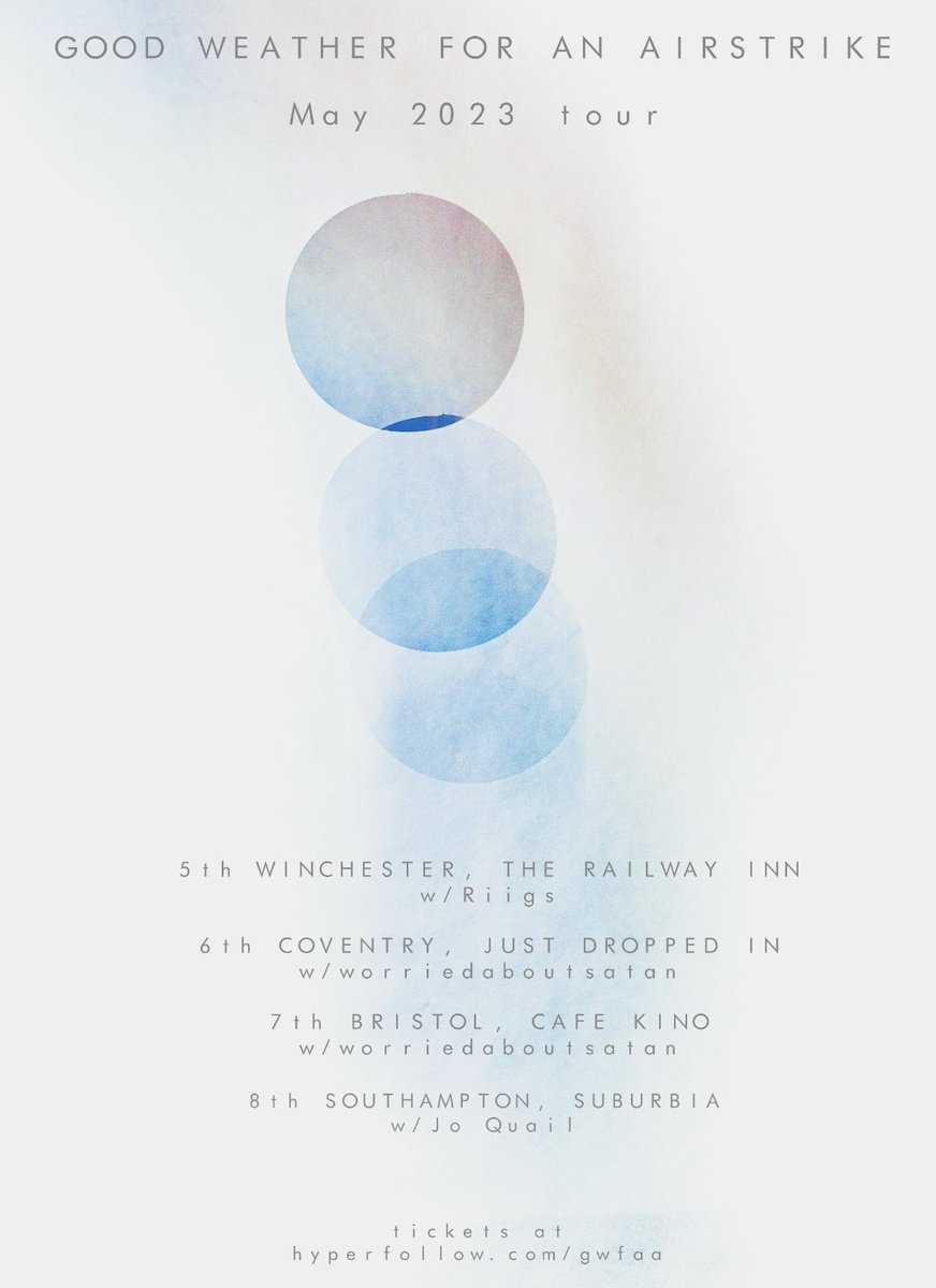 GWFAA (@gwfaa) on Twitter photo Less than a month until our UK tour! Cannot wait to play these new songs & a few oldies!
May
5th Winchester, Railway Inn*
6th Coventry, Just Dropped In^
7th Bristol, Cafe Kino^
8th Southampton, Suburbia”
hyperfollow.com/gwfaa
With
* <a href="/thisisriigs/">Riigs</a> ^ <a href="/teamsatan/">worriedaboutsatan (not here, find me elsewhere)</a> “ <a href="/JoQuailCello/">Jo Quail</a> Less than a month until our UK tour! Cannot wait to play these new songs & a few oldies!
May
5th Winchester, Railway Inn*
6th Coventry, Just Dropped In^
7th Bristol, Cafe Kino^
8th Southampton, Suburbia”
hyperfollow.com/gwfaa
With
* <a href="/thisisriigs/">Riigs</a> ^ <a href="/teamsatan/">worriedaboutsatan (not here, find me elsewhere)</a> “ <a href="/JoQuailCello/">Jo Quail</a>