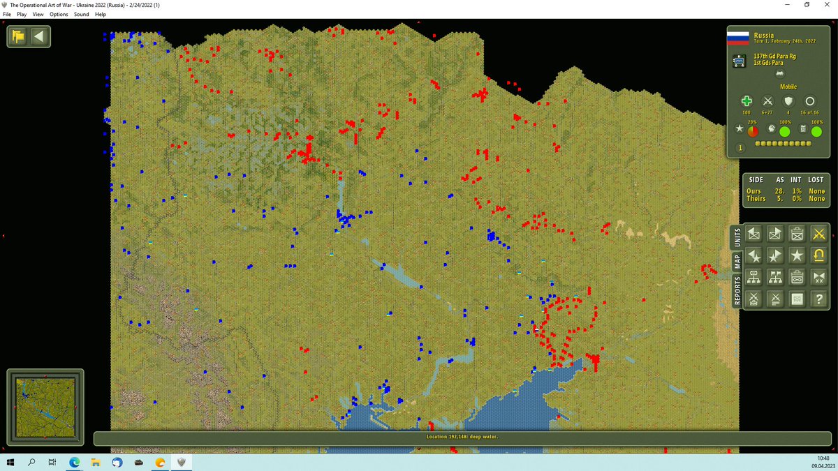 OberstWKlink's tweet photo. @spectraloverse1 @legal_alien_nyc @jfallert @GregOfSilesia Frontlinie zu lang. 'Damals' hatte man das 10-fache. Hier einmal die Situation in einem #TOAWIV #Szenario dargestellt. #Ukraine22 vs. #Directive21 1942 Frontlinie. https://t.co/qTWTrMfbOG