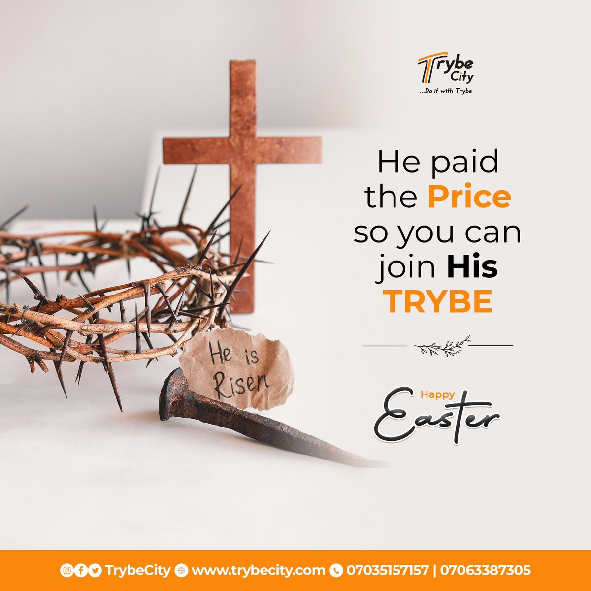 TrybeCity's tweet photo. From darkness to light, He rose and gave us hope. He died as one man, so we can live as a trybe , Happy Easter Day Citizen 🧡. #HappyEastherDay #DoItWithTrybe #OAUTwitter https://t.co/OPXGATHtC0