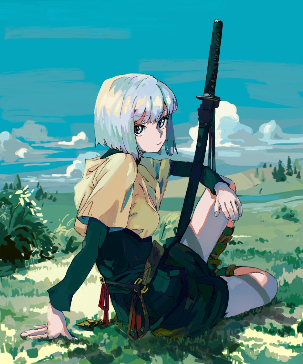 sword weapon 1girl solo katana outdoors sitting  illustration images