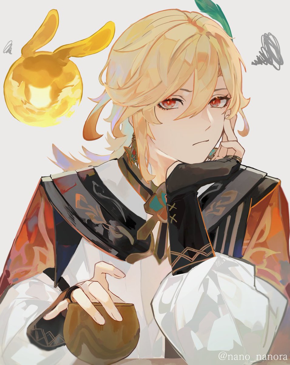 1boy male focus blonde hair red eyes gloves solo hair between eyes  illustration images