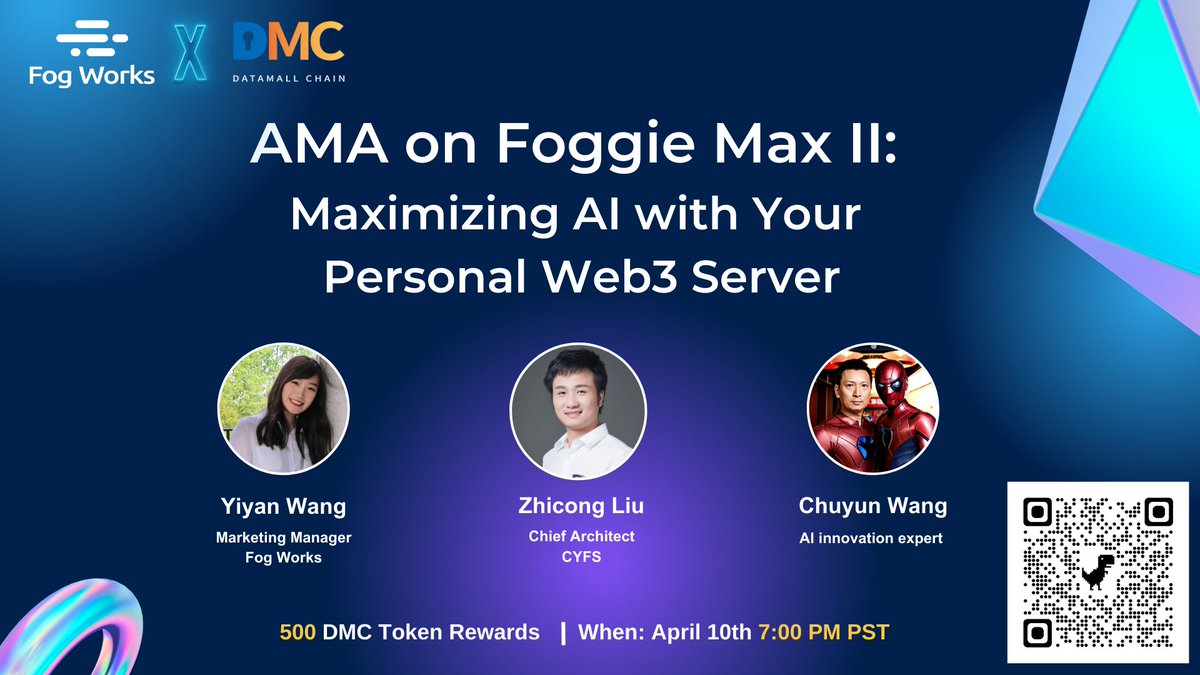 fogworksinc's tweet photo. ✨#AMA on Foggie Max II: Maximizing #AI with Your Personal #Web3 Server✨ 
⏰April 10th, 7:00 PM PST 
🎁Rewards Pool: 500 DMC  

 To Enter:  
✔️Follow @fogworksinc &amp; @datamallcoin
✔️Like, RT &amp; Tag 3 friends
✔️Join AMA &amp; ask valuable questions
✔️Leave your DMC wallet address below https://t.co/O2BbfOocc7