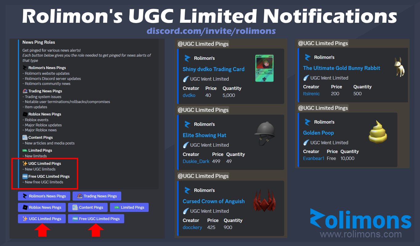 Roblox Trading News  Rolimon's on X: We improved the speed of our Roblox  UGC Limited notifications in our Discord server⚡ Also tomorrow we're adding  a Free UGC Limited notification ping, so