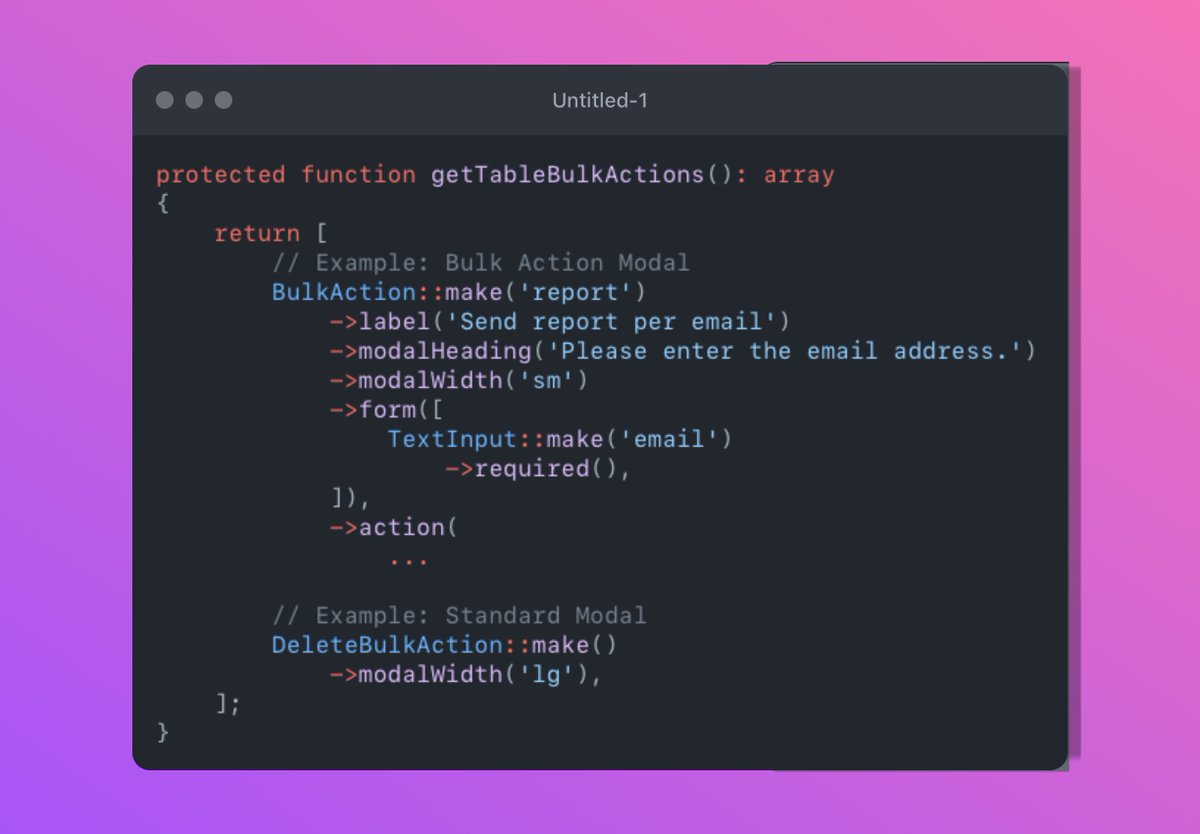 MildnerMartin's tweet photo. 🐰Undocumented @filamentphp easter egg: Did you know that you can use ->modalWidth() and the @tailwindcss  sizes (xs, sm, md, lg,...) to adjust the width of any modal (and slideOver) in Filament? Happy Easter Sunday! 🦒 https://t.co/8kpsJ2mnpt