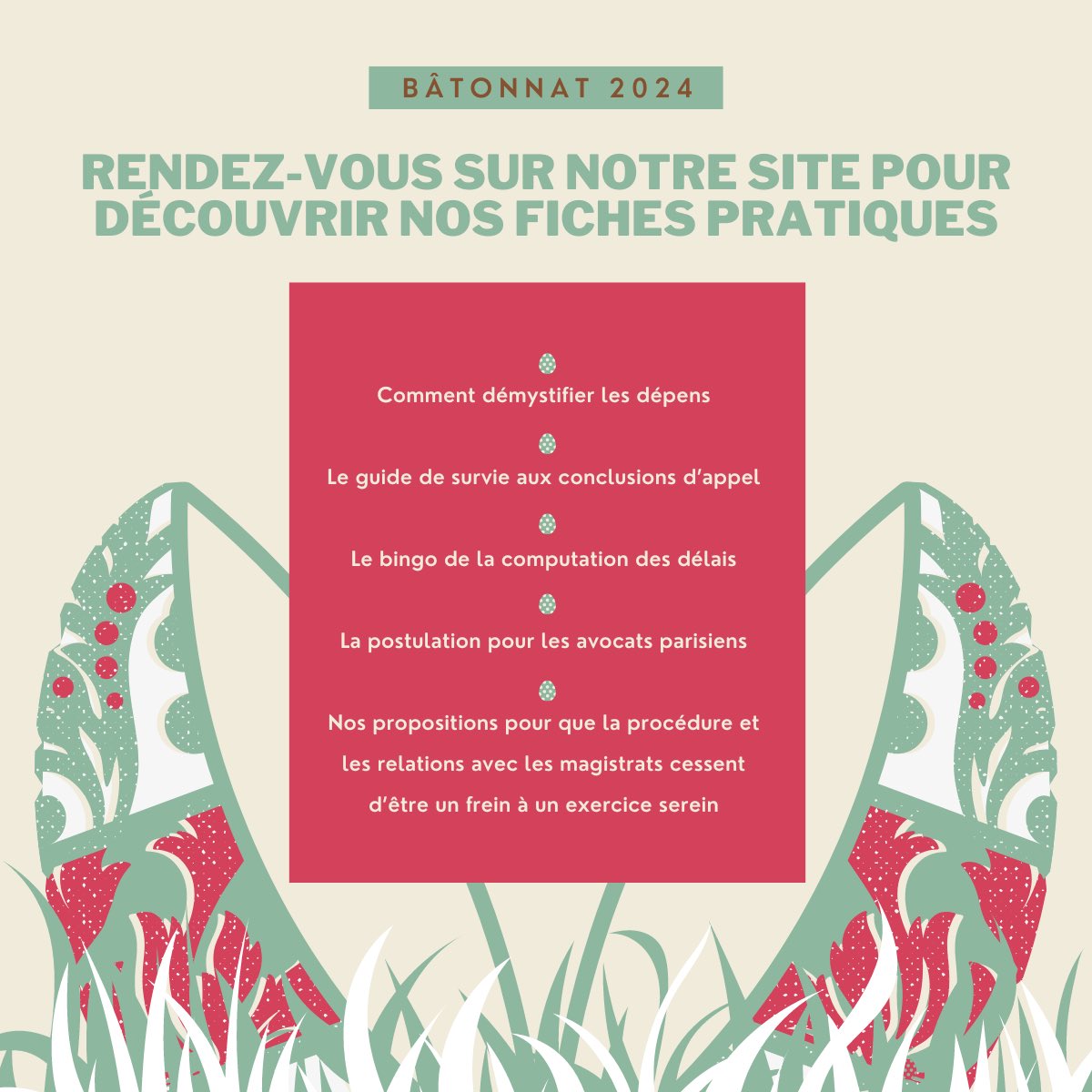 🐰 🐰 Pour Pâques, chassez les œufs, dégustez nos solutions ! ✨ ✨
Nos œufs cachent des surprises 100% utiles 🎁 🎁 ! Rdv sur vousetreutiles2024.fr/chasse-aux-oeu… pour les découvrir ! 🐰 🐰 
 
#batonnat2024 #avocats #vousêtreutiles2024 
<a href="/AlienorKamara/">Aliénor Kamara-Cavarroc</a>