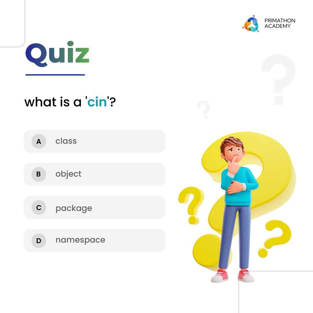 Are you a programming whiz? Test your knowledge with our quiz and see if you can guess the meaning of 'cin' in C++ programming.
.
.
.
#ProgrammingQuiz #TestYourKnowledge #CPlusPlus #cinObject #InputOutput #ProgrammingTrivia