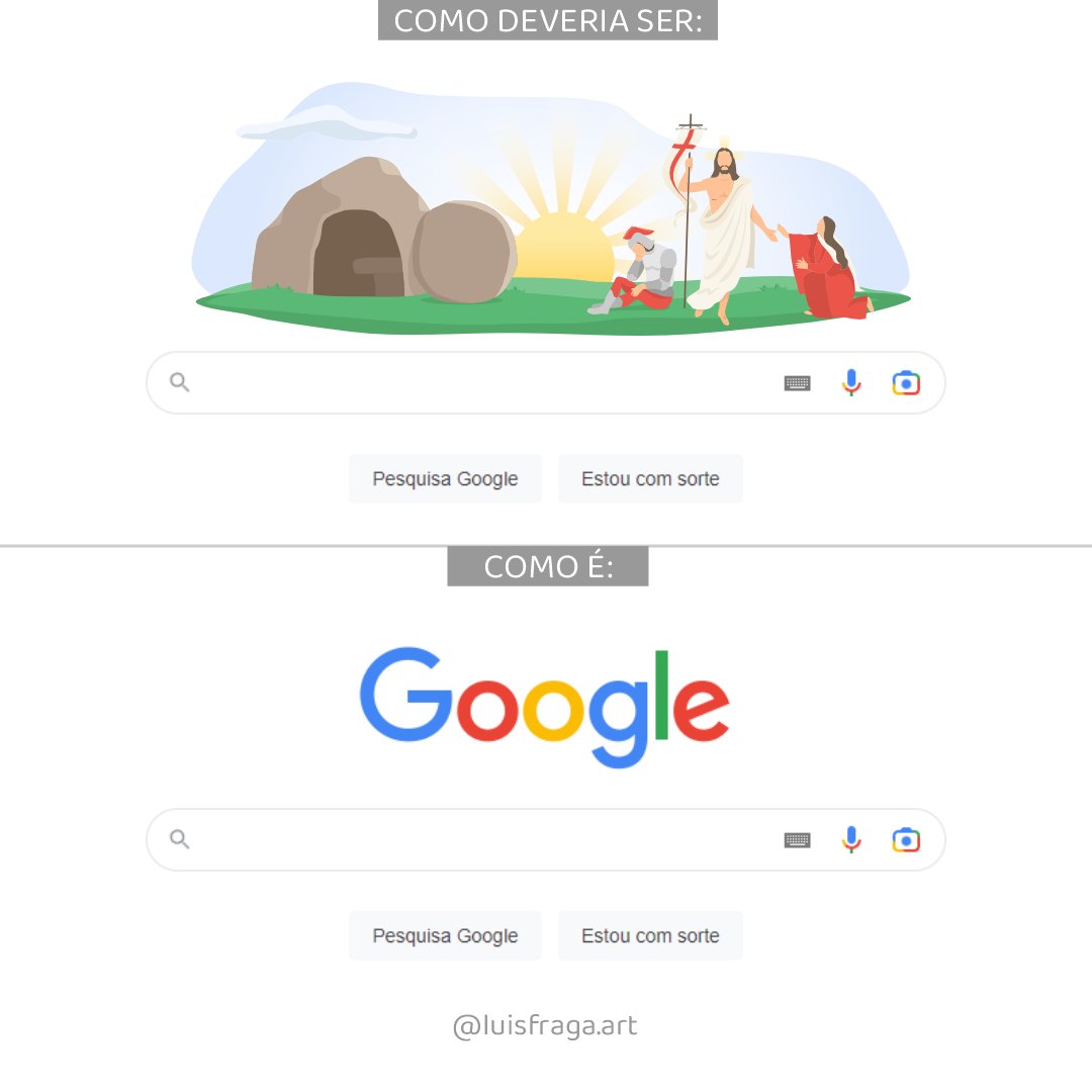 LuisFraga's tweet image. CADÊ O DOODLE DE PÁSCOA?
@Google @googlebrasil @GoogleDoodles
.
#Doodle #GoogleDoodles #DoodledePáscoa #EasterDoodle #JesusCristo #Ressurreição #CristoRessuscitado #Páscoa #JesusChrist #Resurrection #RisenChrist #Easter
