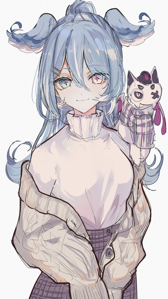 elira pendora 1girl white sweater blue hair heterochromia smile sweater blue eyes  illustration images