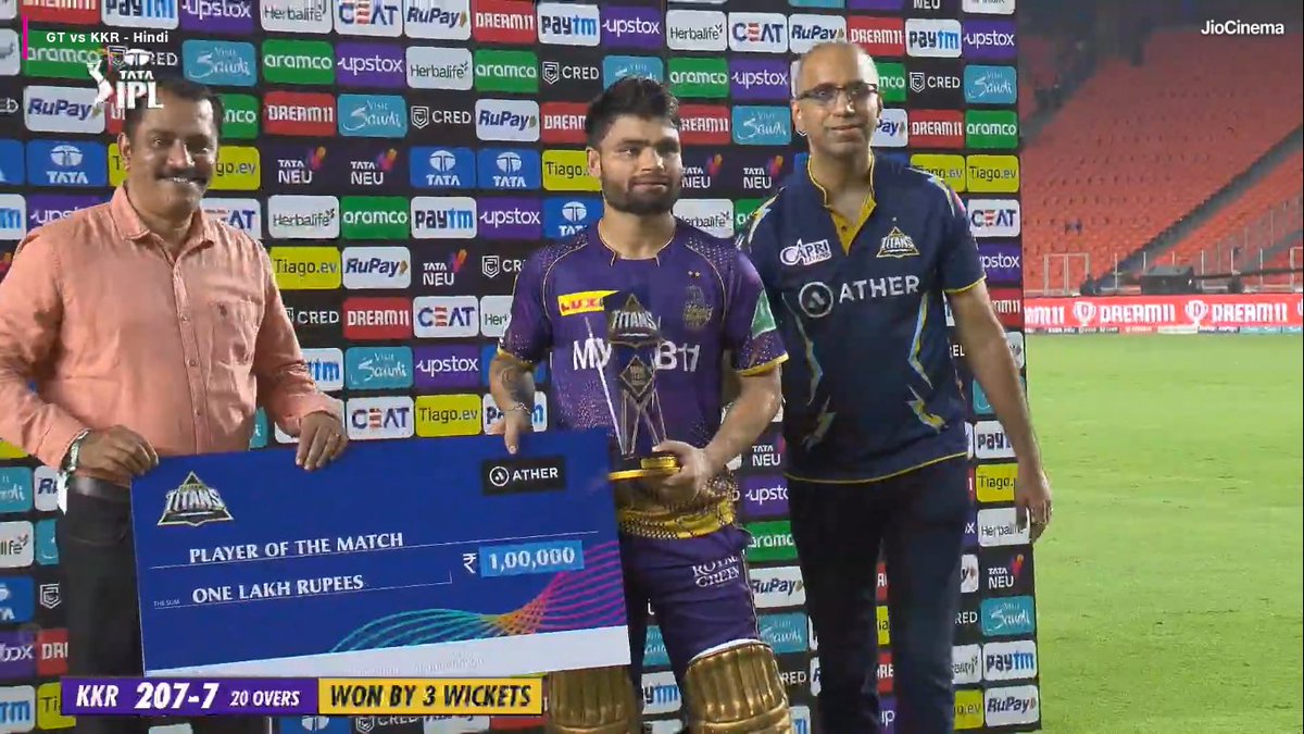 mufaddal_vohra's tweet photo. Rinku Singh won Player Of The Match award for his unbelievable knock.

An innings to remember for everyone! https://t.co/wjMGmK5cA1