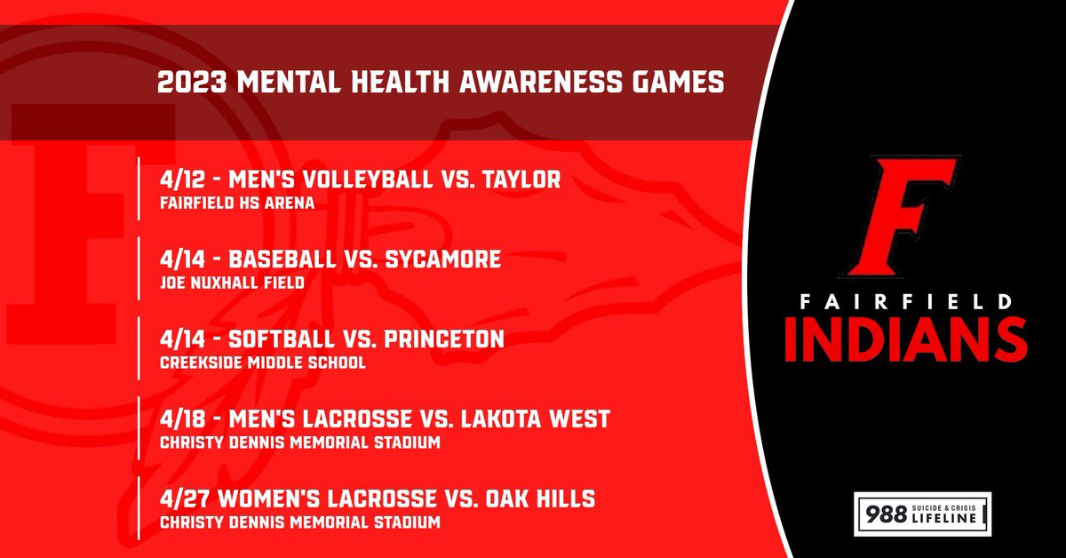 This spring we’ve partnered with @988Initiative @MYFAVEFIVE1 & @TeamforBen to put on several #MentalHealthAwareness Games. I look forward to seeing everyone come out and show how much #MentalHealthMatters @fcsdathletics @FCSDNews @mercy_health