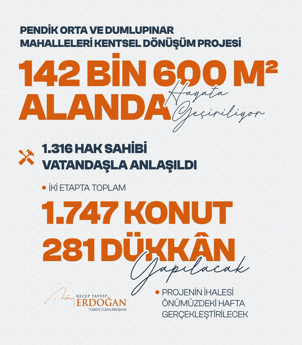 Bin 316 hak sahibi vatandaşımızla anlaştık, rızalarını aldık. Pendik Orta ve Dumlupınar Mahalleleri Kentsel Dönüşüm Projesi’ni 142 bin 600 metrekare alanda hayata geçiriyoruz.

Şimdiden hak sahibi Pendikli kardeşlerimize hayırlı olsun.