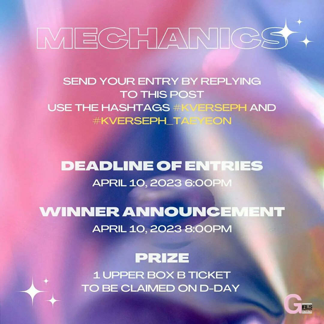 GGPhilippines's tweet photo. K-VERSE TICKET #GIVEAWAY by Anonymous Sone Fairy🌟

Please read full mechanics &amp; kindly ensure you follow the instruction well to be eligible. Good Luck! 😉💗

Deadline: April 10, 6pm
Prize: 1 Upperbox B Ticket

#KVersePH_TAEYEON
#TAEYEON #KVERSEPH
#SONE #PHSONE https://t.co/pBlOPsj9lX