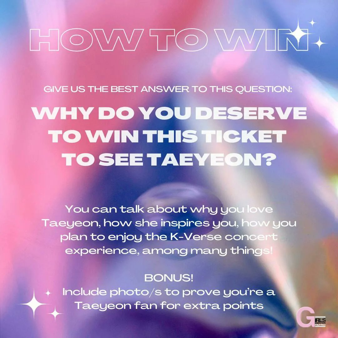 GGPhilippines's tweet photo. K-VERSE TICKET #GIVEAWAY by Anonymous Sone Fairy🌟

Please read full mechanics &amp; kindly ensure you follow the instruction well to be eligible. Good Luck! 😉💗

Deadline: April 10, 6pm
Prize: 1 Upperbox B Ticket

#KVersePH_TAEYEON
#TAEYEON #KVERSEPH
#SONE #PHSONE https://t.co/pBlOPsj9lX