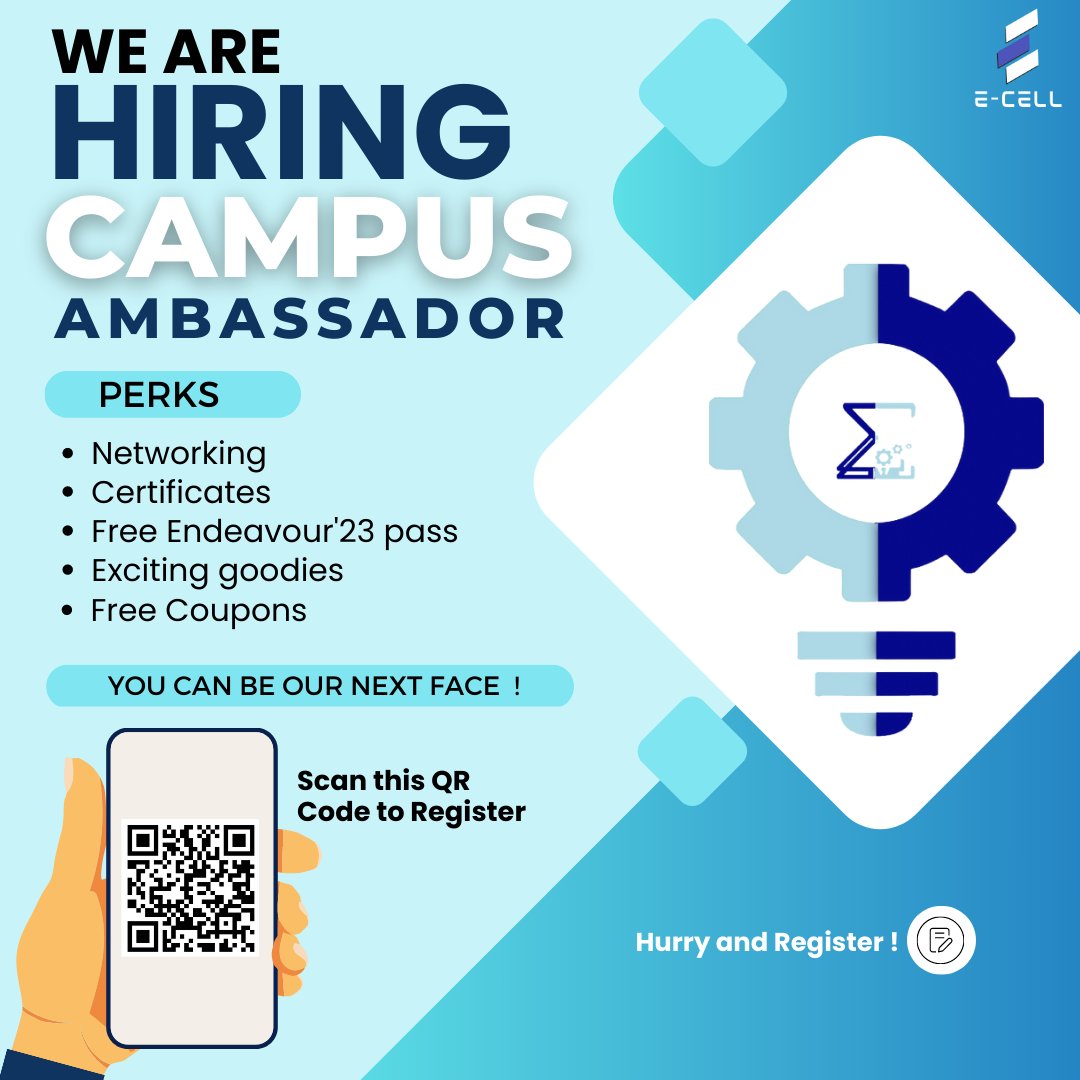 KietEcell's tweet photo. Are you looking to gain hands-on experience and build your professional network while still in college?

Look no further! We're seeking motivated and enthusiastic students to join our team as the Campus Ambassadors for Endeavour'23✨

Hurry! Apply now 🚀 https://t.co/q7m7JBSiJh