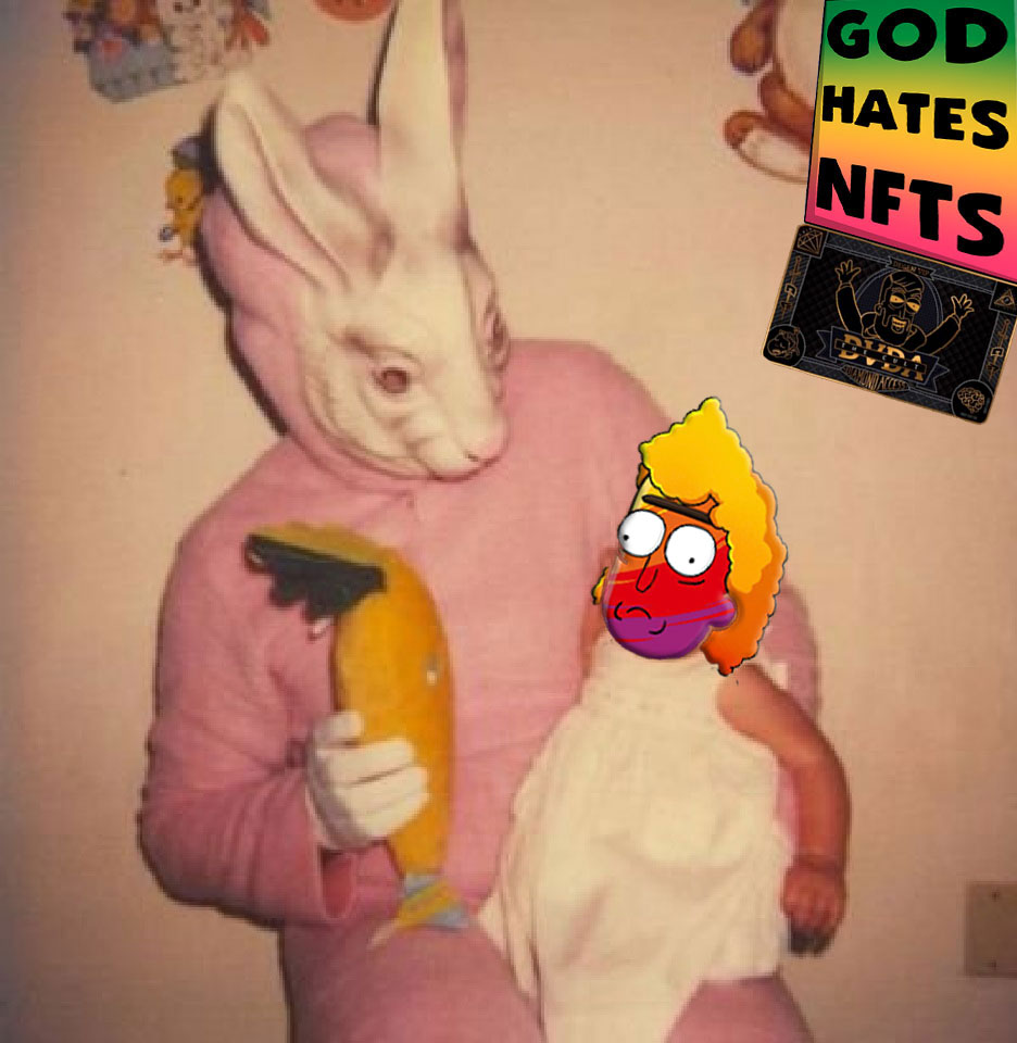 Here comes #PeterCottontail, hopping down the bunny trail, hippity-hoppity a nightmare is on its way...

#HappyEaster 

#DVDATheCult #GodHatesNFTees #ApeHaterClub #MutantGodHatesNFTees #GodHatesNFTeesMAXI @GodHatesNFTees @ArtopsyNFTs