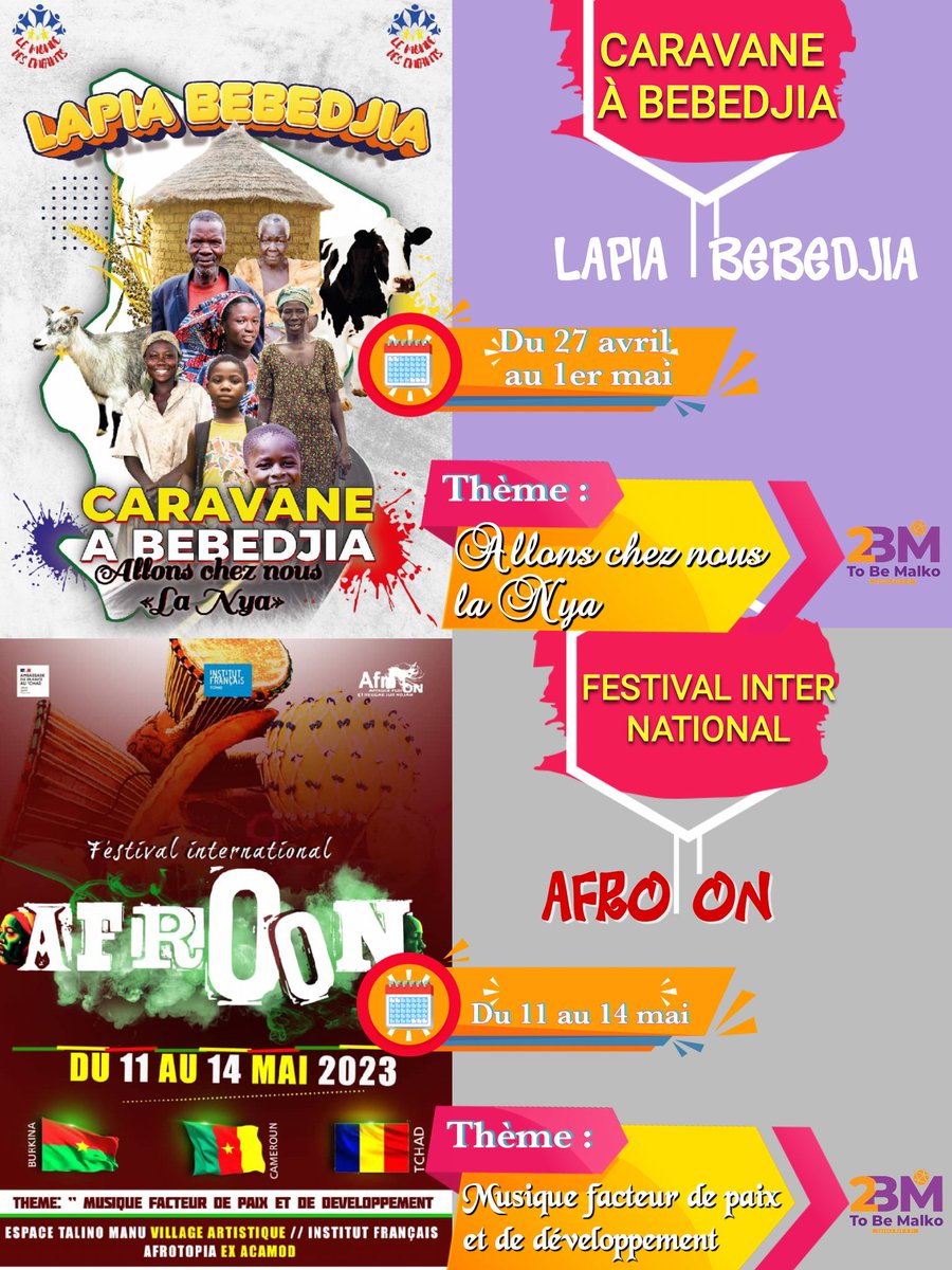 MalkoMalkom's tweet photo. Agenda des événements couverts par l'Agence To Be Malko

Mois d'avril du 27 au 1er mai : CARAVANE À BEBEDJIA

Mois de mai du 11 au 14 : FESTIVAL INTERNATIONAL AFRO'ON https://t.co/16r6WE8UbB