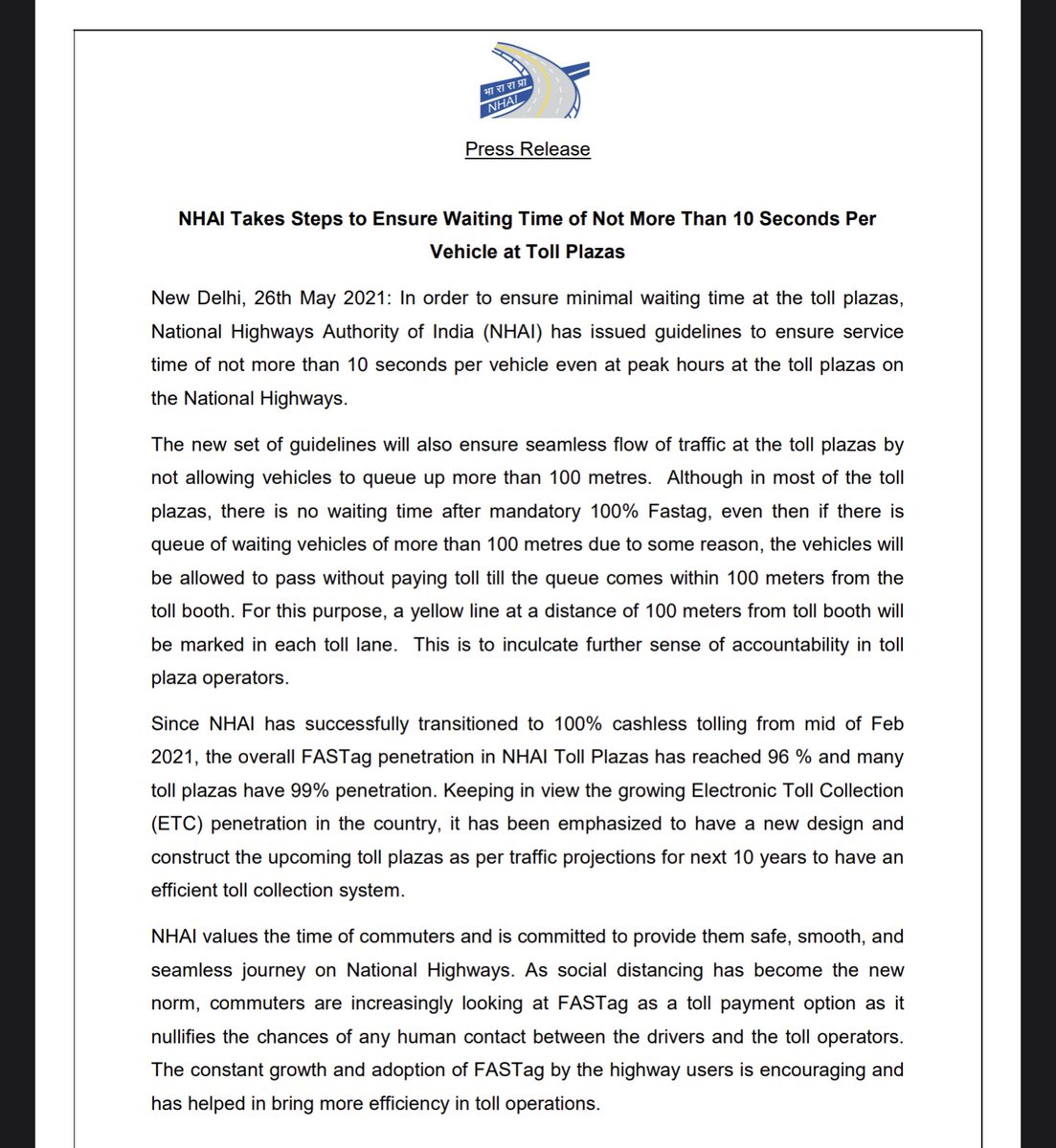 mech_head's tweet photo. . @NHAI_Official the new rules about streamlining of the wait timings at the NHAI toll plazas are not being  followed at the Niyamatpur Ikroyiya Toll plaza.

Current lines are longer than 500 meters, let alone 100 meters as per attached press release.

Please take action. https://t.co/JkB9sVWisp