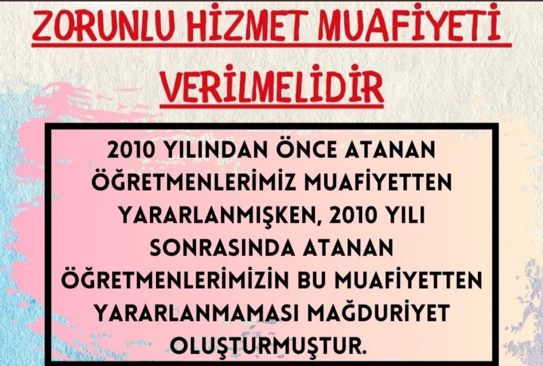 eksielma9's tweet photo. @depremm2023 Erteleme değil ,Zorunlu hizmet Affı istiyoruz.
2010 yılı sonrası atanmış tüm Öğretmenler Zorunlu Hizmet Muafiyeti bekliyor, erteleme çözüm değil!! @tcbestepe @_aliyalcin_ @TalipGeylan06 @prof_mahmutozer @RTErdogan @latif_selvi #MebZorunluyuErtelemeAffet #ÖğretmenizSusmuyoruz https://t.co/msAc1wSRFe