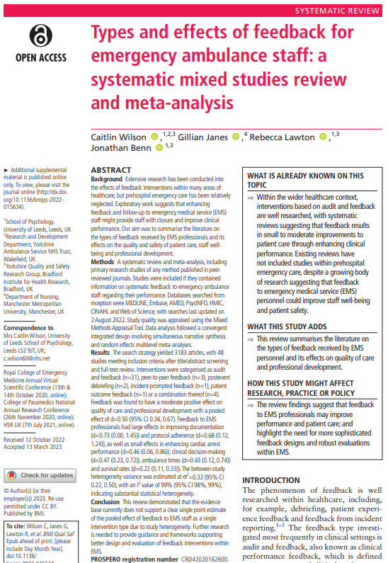 *Publication alert* - My systematic review & meta-analysis on the types & effects of #feedback for #EMS staff has been published #openaccess in @BMJ_Qual_Saf. Do have a look: doi.org/10.1136/bmjqs-…. #paramedic #ambulanceservice #PhD #evidencesynthesis