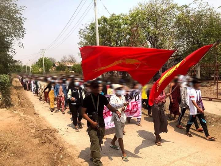 miN13700's tweet image. Budalin township students' union (ABFSU) and pro-democracy residents of Sagaing's #Budalin township protested against the murderous military regime.

#CivilianCasualtiesByJunta 
#2023Apr9Coup 
#WhatsHappeningInMyanmar