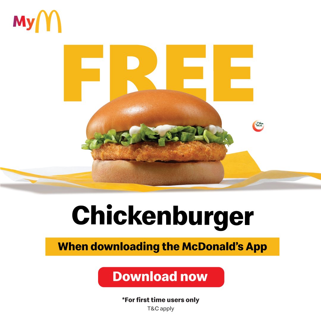McDonaldsUAE's tweet photo. Download the McDonald's App and get your hands on a Free Chickenburger, Cheeseburger, or Regular Fries!