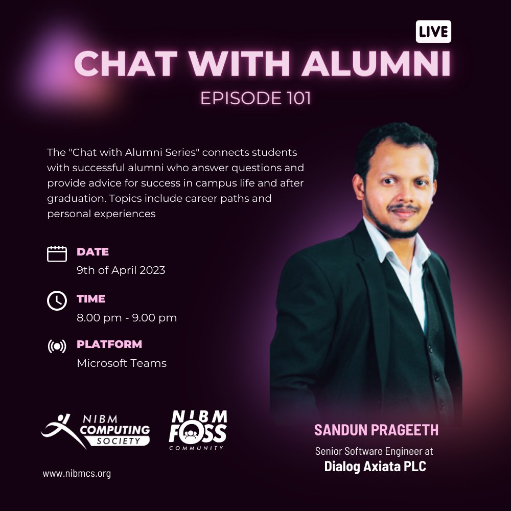 nibmcs's tweet image. Attention all students! We're excited to launch our brand new "Chat with Alumni" series! Join us for Episode 101 and connect with successful NIBM alumni in the industry. 🚀
📌Meeting Link: alumni101.nibmcs.org
#NIBM #NIBMCS #NIBMAlumni #AlumniSeries #StudentLife #CareerPath
