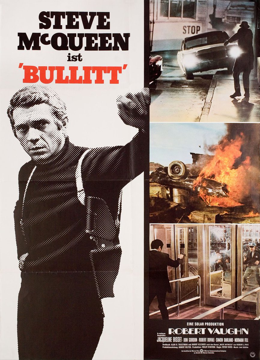 German film poster for #PeterYates' #Bullitt (1968) #SteveMcQueen #RobertVaughn #JacquelineBisset