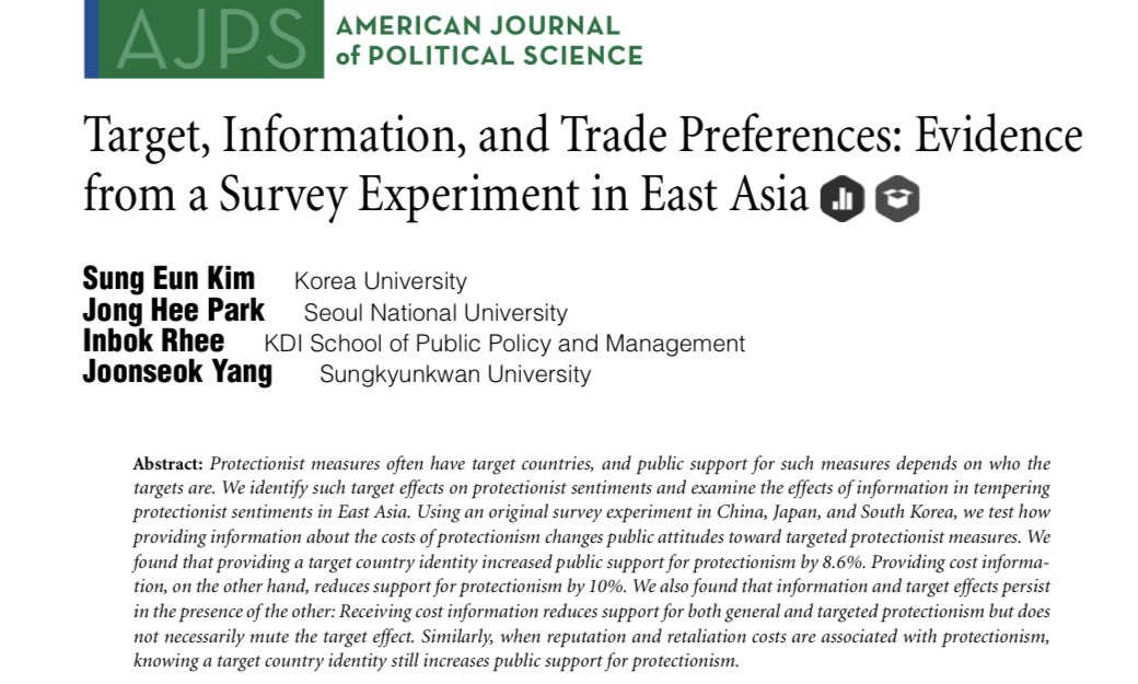 Sung Eun Kim (@_sungkim) on Twitter photo Happy to share this forthcoming work on trade preferences in East Asia co-authored with <a href="/jhp/">Jong Hee Park</a>, <a href="/inbok_rhee/">Inbok Rhee</a> and Joonseok Yang.
onlinelibrary.wiley.com/doi/abs/10.111… Happy to share this forthcoming work on trade preferences in East Asia co-authored with <a href="/jhp/">Jong Hee Park</a>, <a href="/inbok_rhee/">Inbok Rhee</a> and Joonseok Yang.
onlinelibrary.wiley.com/doi/abs/10.111…