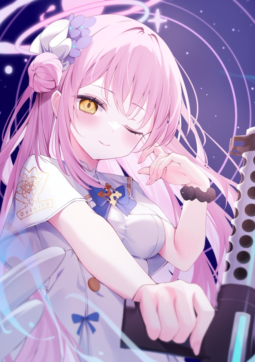 mika (blue archive) 1girl pink hair solo weapon halo gun one eye closed  illustration images