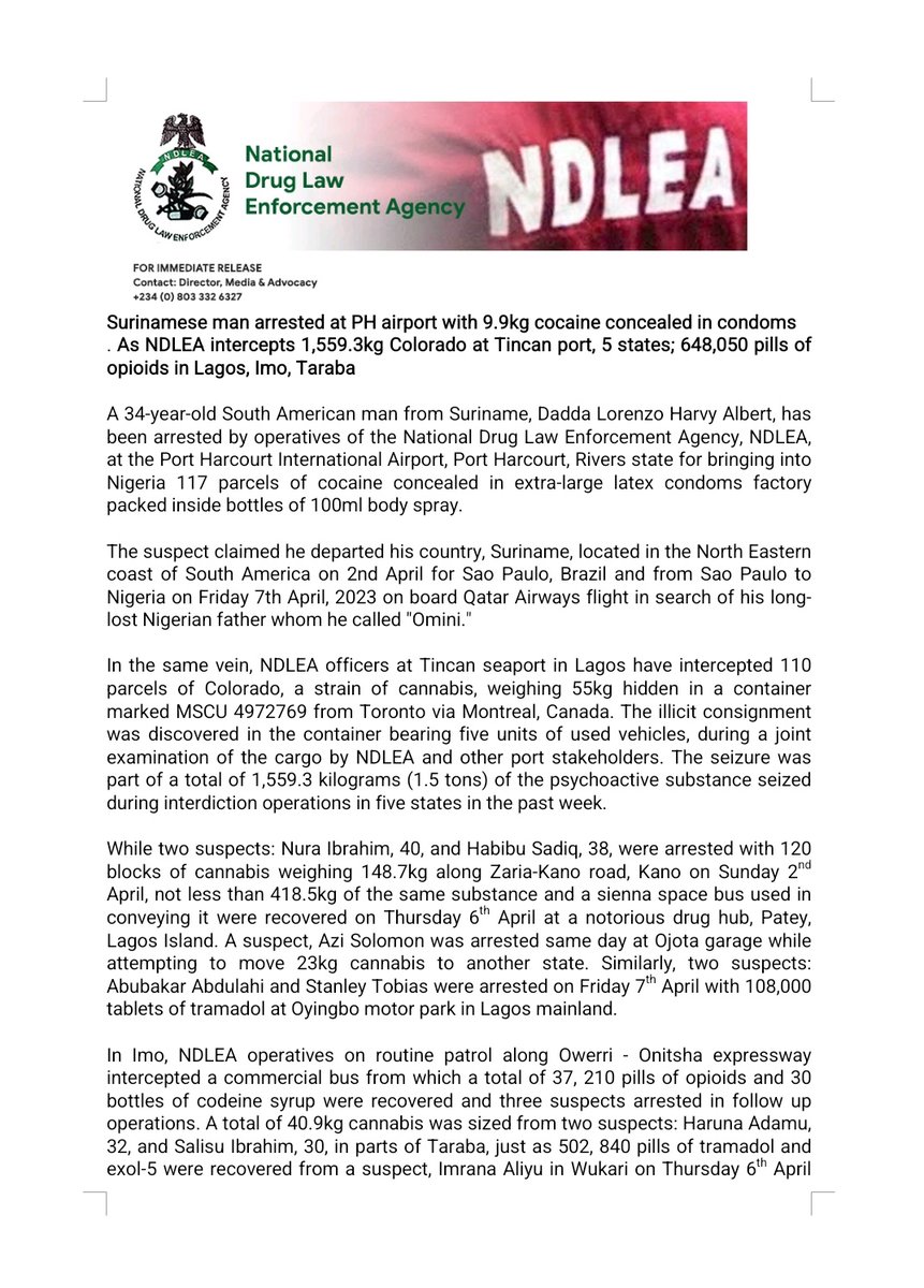 ndlea_nigeria's tweet image. Surinamese man arrested at PH airport with 9.9kg cocaine concealed in condoms

...As NDLEA intercepts 1,559.3kg Colorado at Tincan port, 5 states; 648,050 pills of opioids in Lagos, Imo, Taraba