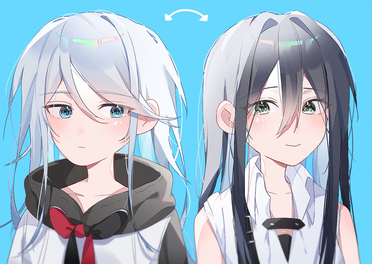 2girls multiple girls long hair black hair hood hair between eyes shirt  illustration images