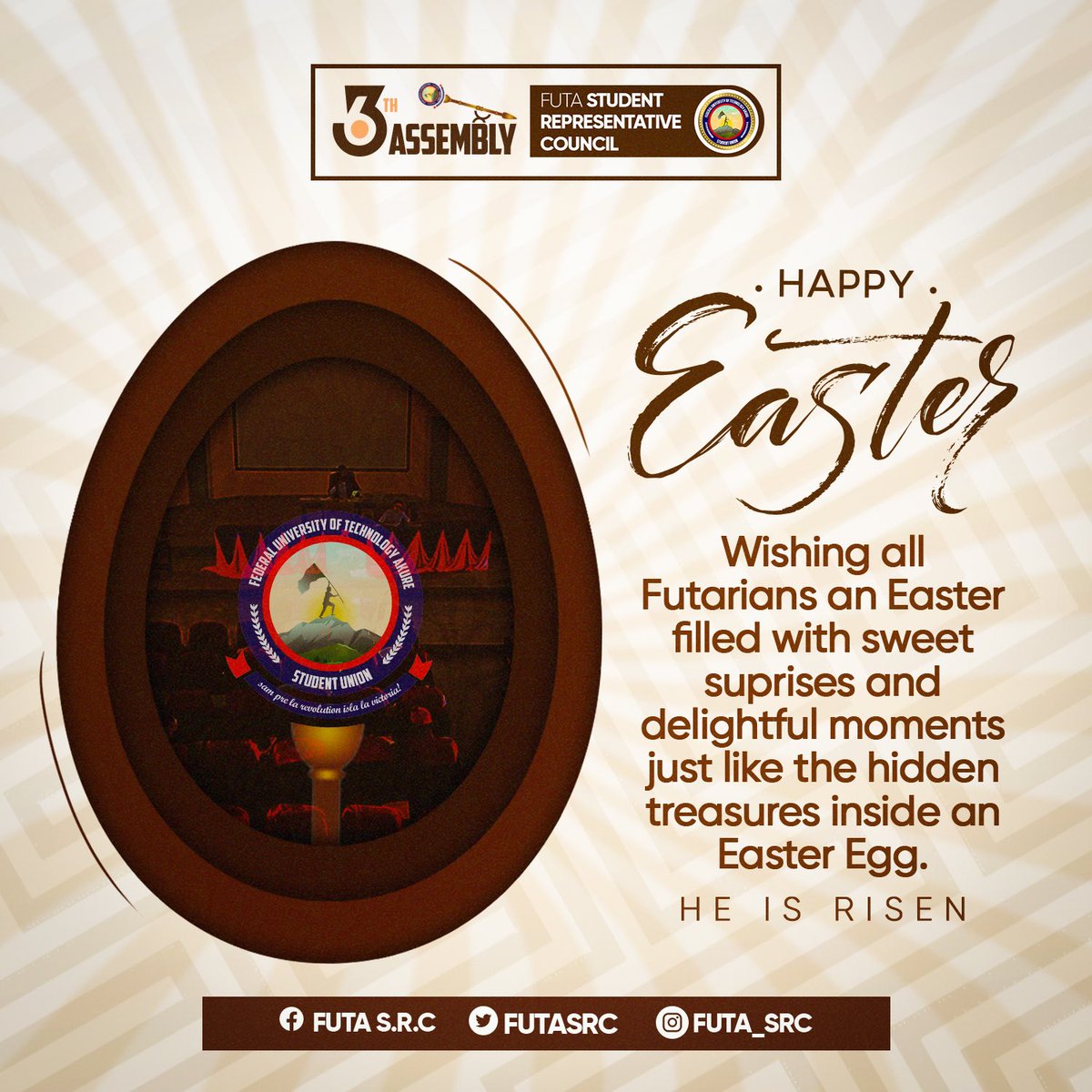 FUTASRC's tweet photo. The hallowed chamber of @futasugovt wishes to congratulate our Christian brethren on commemorating the death and resurrection of Jesus Christ, which also signifies the conclusion of the Lenten season.

Has the Lord Risen, we pray that we witness numerous occasions of this day. https://t.co/NFkrcy9QB6