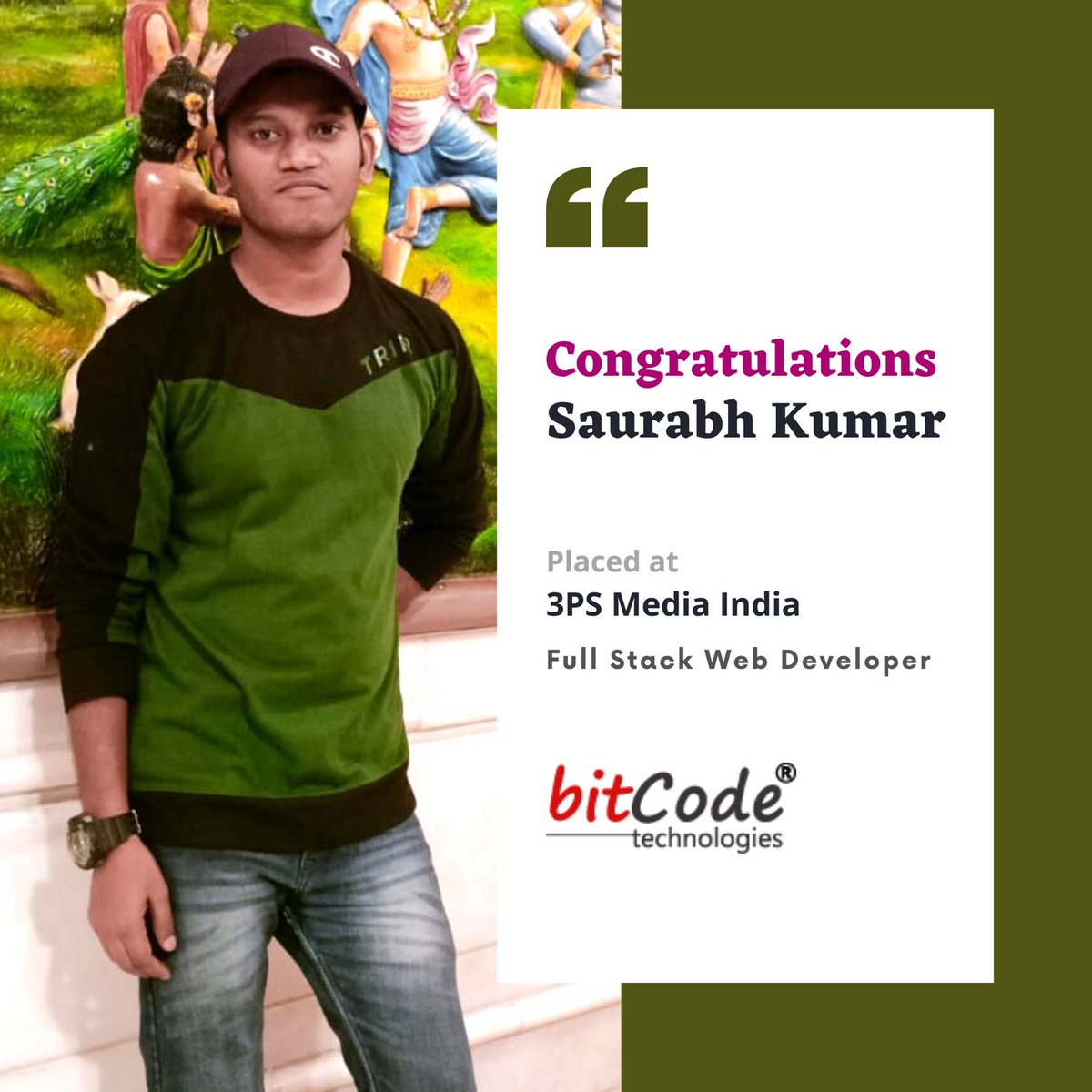 BitcodeTech's tweet photo. Congratulations Saurabh Kumar, for your placement at #3PSMEDIA as #FullStackDeveloper. We wish you all the best!

#bitcode #bitcodeplacements #meanstacktraining #meanstackplacements #meanstackjobs
#mernstack #mernstackplacements #mernstacktraining #mernstackjobs https://t.co/t4Dlkzzhlr