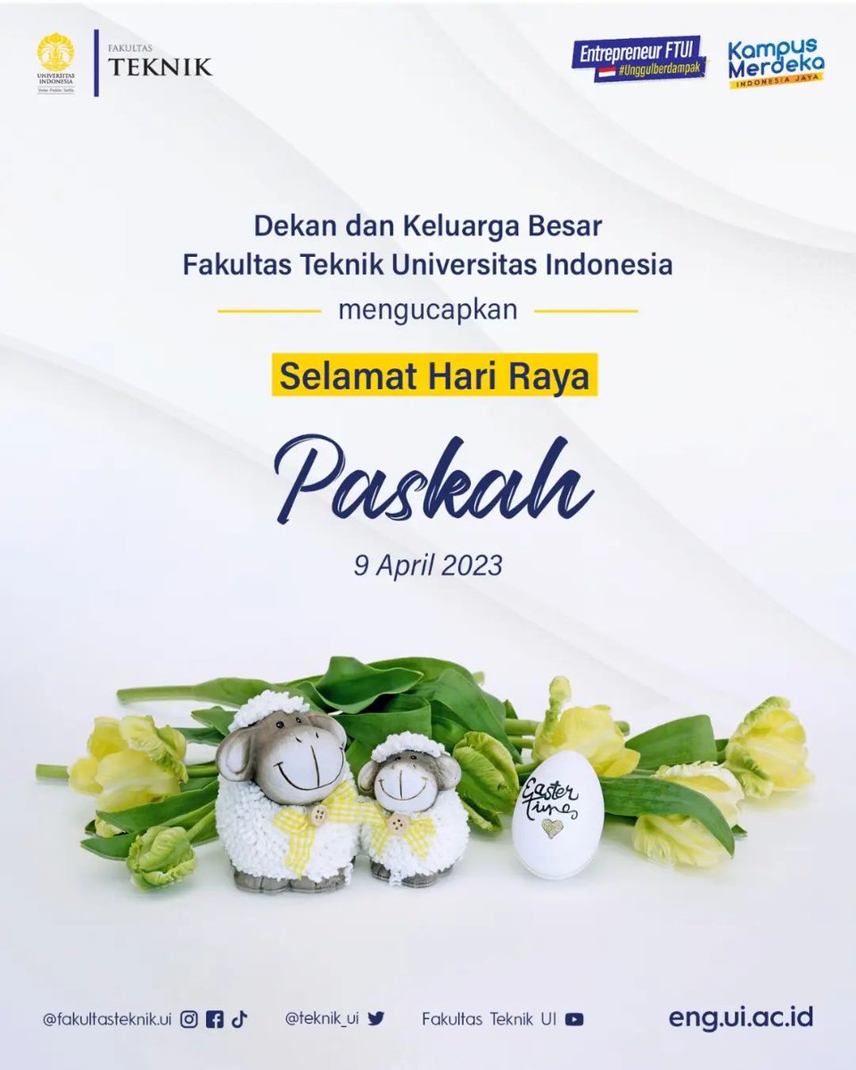teknik_ui's tweet photo. Dekan dan keluarga besar FTUI mengucapkan Selamat Hari Raya Paskah, 9 April 2023. 

Semoga sukacita dan damai sejahtera selalu ada dalam kehidupan kita. 

#Paskah #Easter
#FTUI #FTUIUnggulBerdampak
#UniversitasIndonesia https://t.co/6OaMcdYlpS