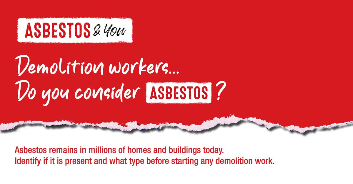 Demolition operatives, do you consider asbestos? Asbestos remains in millions of homes and buildings today. Ask about asbestos before you start work and stay aware that there is always a chance of finding and disturbing hidden asbestos. See more examples workright.campaign.gov.uk/download/5466/…