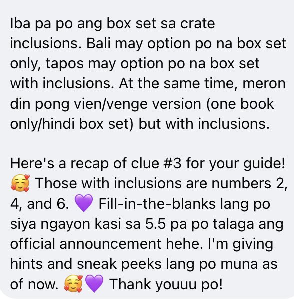 irshwndy's tweet photo. Mga laloves: iba pa ang box set sa with inclusions 💜 may option na vienge box set only (no inclus), and vienge box set with inclusions. At the same time, meron din pong vien ver. with inclus saka venge ver. with inclus! Bringing back the clue #3! Numbers 2, 4 &amp; 6 ang may inclus: https://t.co/Qm9A92mwG7