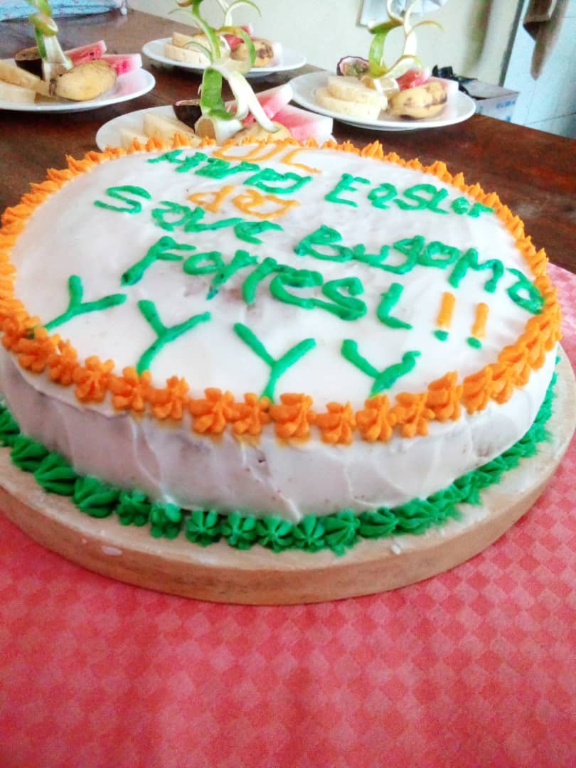 We still call for the protection of a Bugoma Forest. A cake is designed with Easter message #SaveBugomaForest. Happy Easter to you and your family. #BugomaJungleLodge