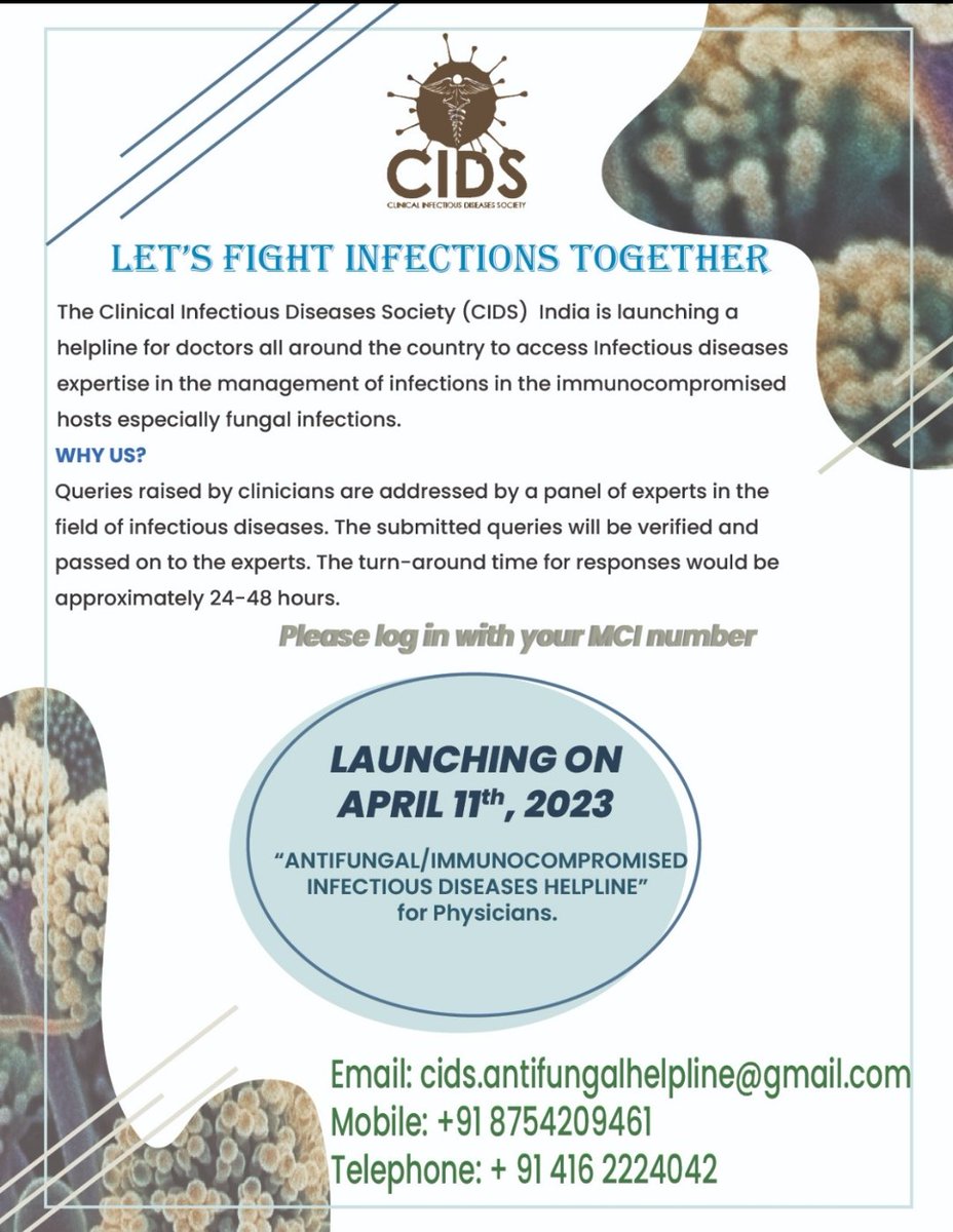 Helpline for difficult to treat fungal infections and infections in immunocompromised hosts from CIDS!!
#IDTwitter