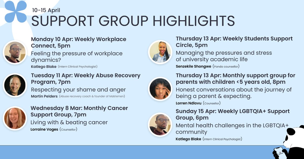 octoberhealth's tweet photo. Check out Panda's support groups this week. 🌳 Download our app now and join our live audio-only support groups : https://t.co/f8RBoYlX03
#mentalhealth #mentalmatters #mentalhealthawareness #joinpanda #jointheconversation https://t.co/Rzra1zhClo