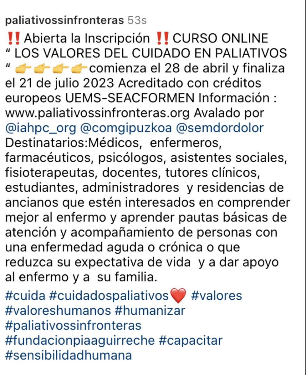 PaliativosS's tweet photo. Abierta la inscripción para el Curso Online ‼️Los Valores del Cuidado en Paliativos ‼️ agradeceremos nos ayudéis a difundir. We would be grateful for your help in spreading the word. Auspiciado por @IAHPC @comgipuzkoa @SemdorP 👉👉con créditos europeos UEMS-SEACFORMEN https://t.co/gG8TRS2zh4